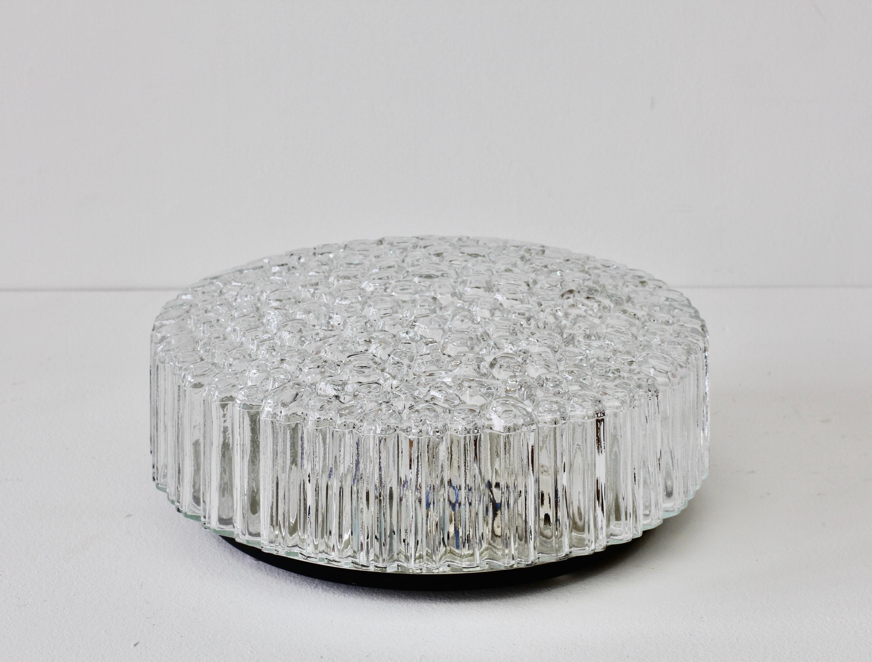 Mid-Century Modern 1 of 2 Limburg Vintage 1970s Textured Clear Ice Crystal Glass Flush Mount Lights For Sale