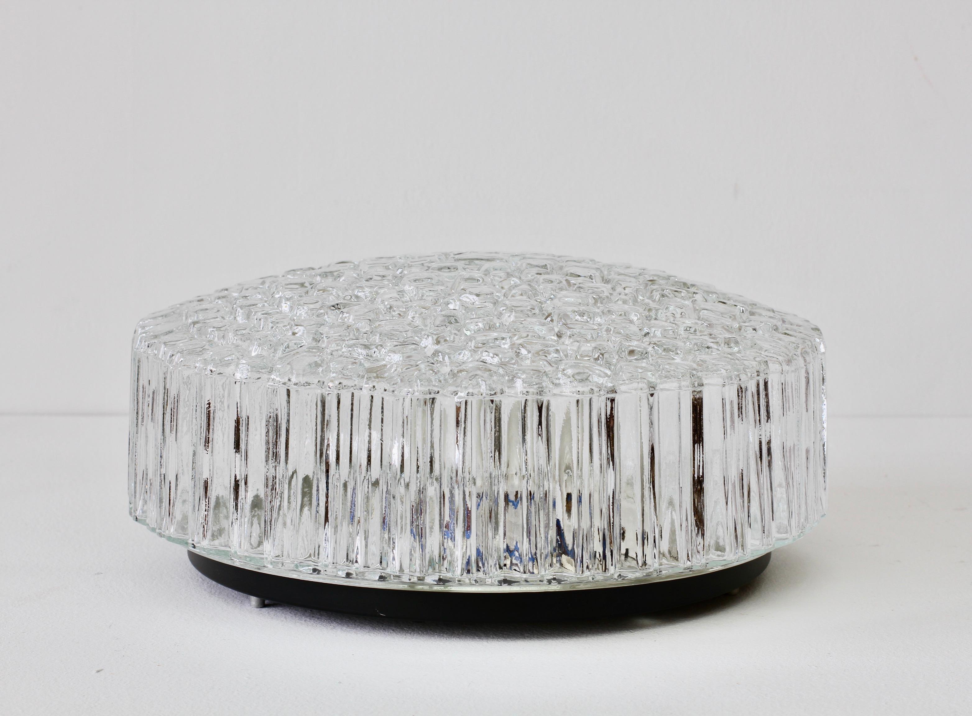 German 1 of 2 Limburg Vintage 1970s Textured Clear Ice Crystal Glass Flush Mount Lights For Sale