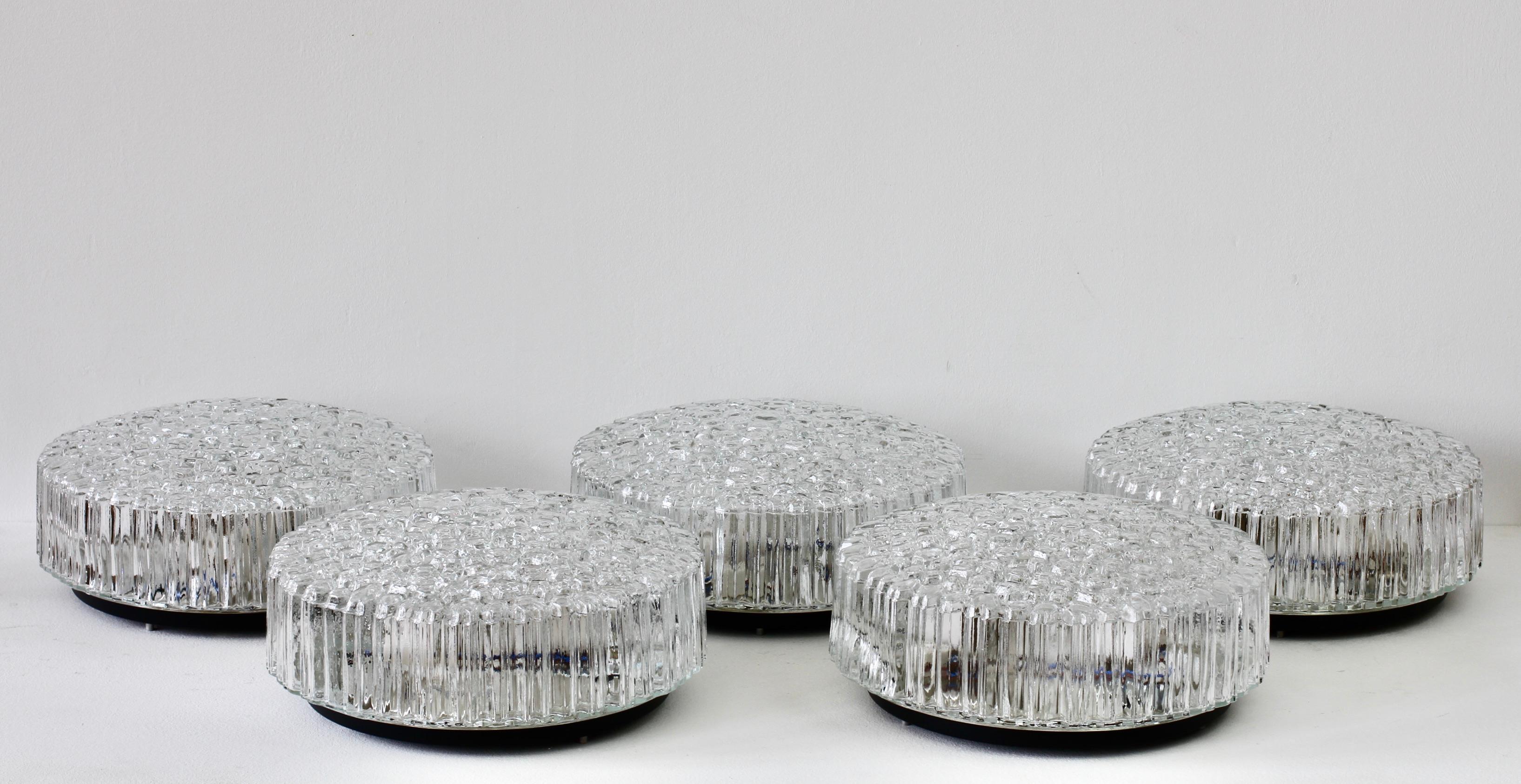 Molded 1 of 2 Limburg Vintage 1970s Textured Clear Ice Crystal Glass Flush Mount Lights For Sale