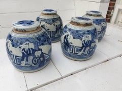 Pair of Late Qing Blue and White Stoneware Ginger Jars with Scholars Scene