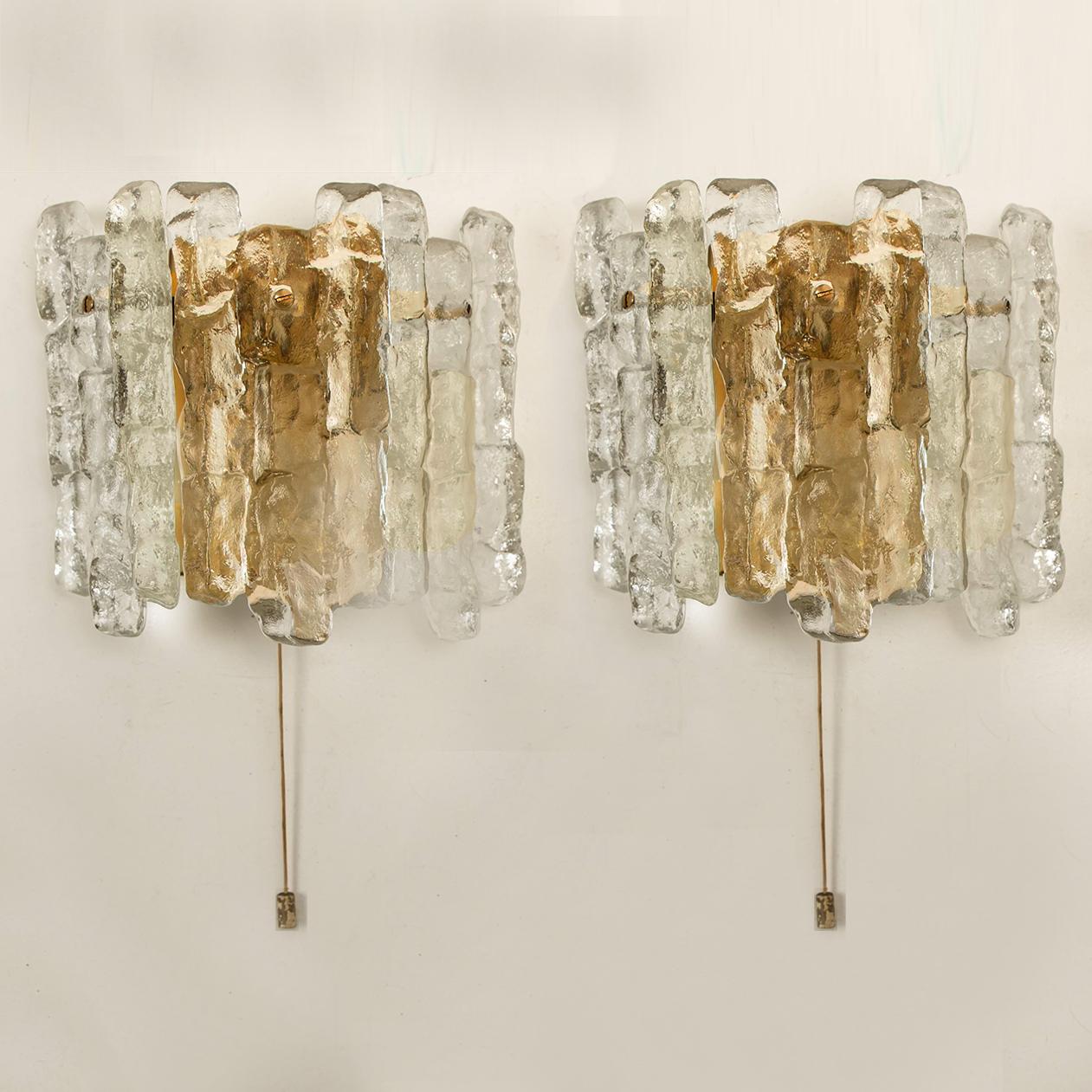 Mid-Century Modern One of Four Ice Glass Wall Sconces with Brass Tone by J.T. Kalmar, Austria