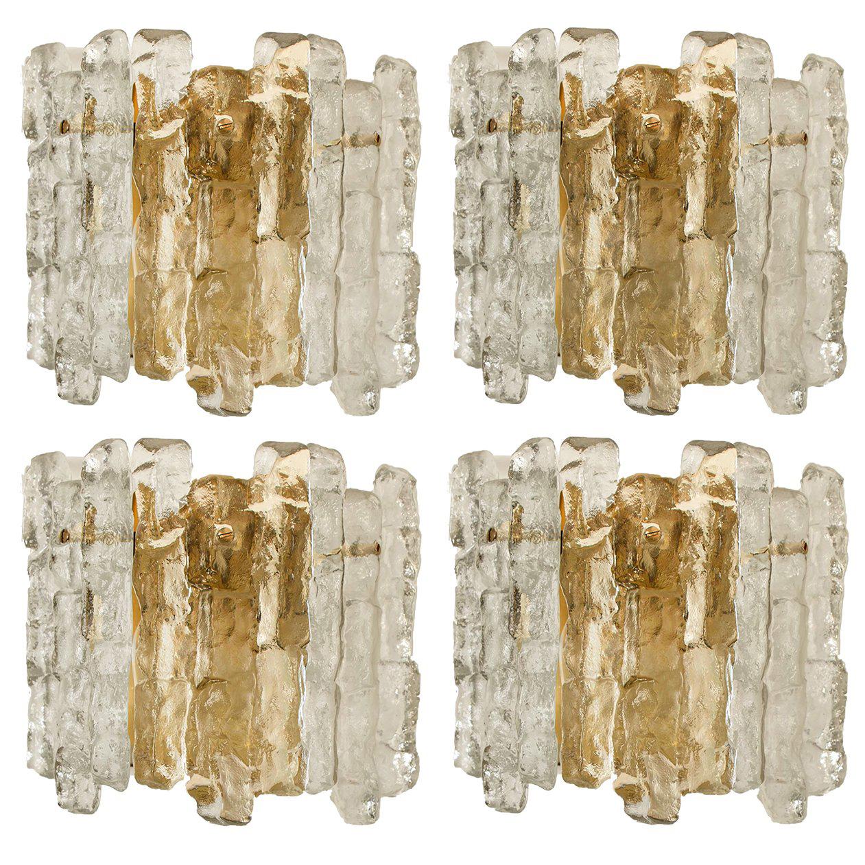 One of Four Ice Glass Wall Sconces with Brass Tone by J.T. Kalmar, Austria