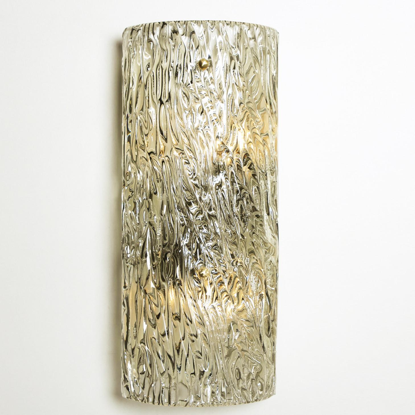 One of Four Large Modern Brass Ice Glass Wall Lights by J. T. Kalmar, 1960s For Sale 3