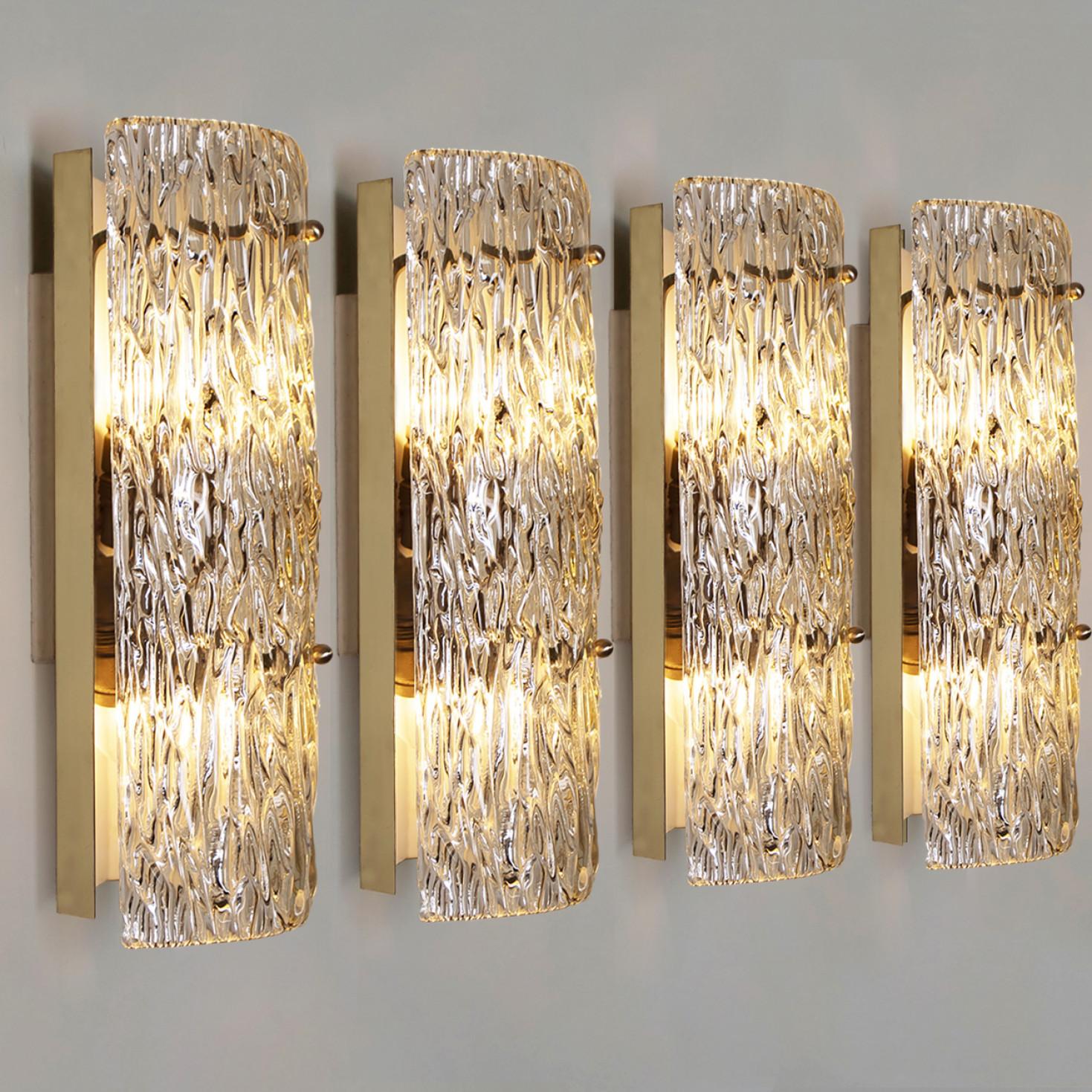 One of Four Large Modern Brass Ice Glass Wall Lights by J. T. Kalmar, 1960s For Sale 8