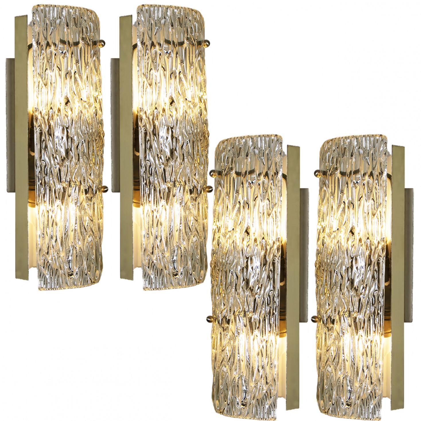 Other One of Four Large Modern Brass Ice Glass Wall Lights by J. T. Kalmar, 1960s For Sale