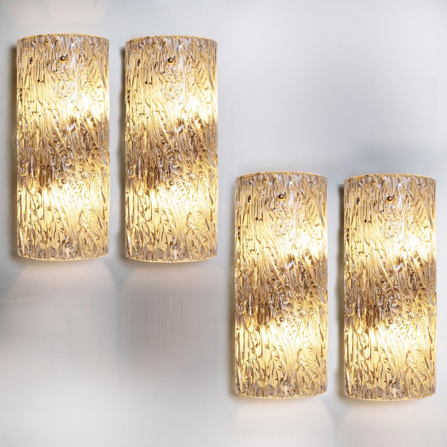 Mid-20th Century One of Four Large Modern Brass Ice Glass Wall Lights by J. T. Kalmar, 1960s For Sale