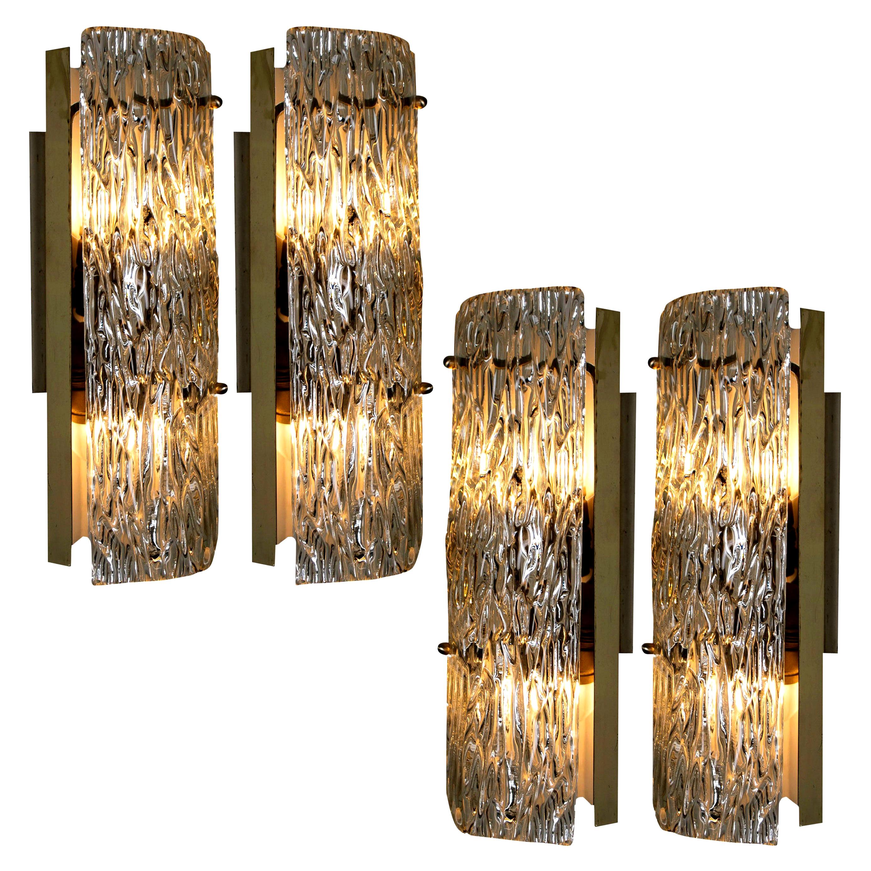 Large Modern 3 Tier Brass and Ice Glass Chandeliers by J.T. Kalmar, 1960s, Set of 2 Large Modern 3 Tier Brass and Ice Glass Chandeliers by J.T. Kalmar, 1960s, Set of 2