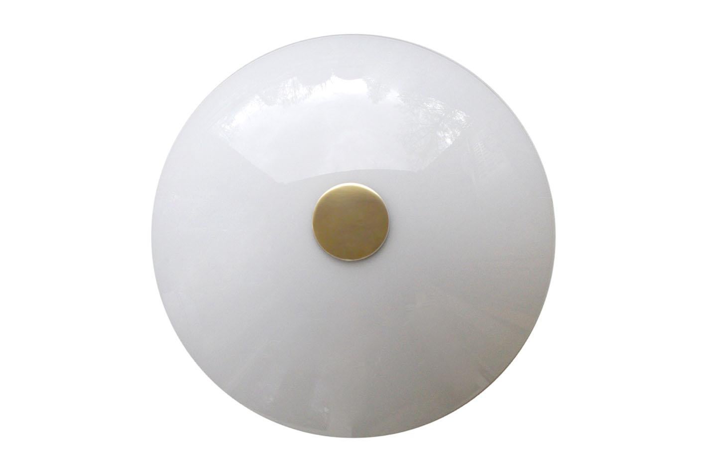 One of white-opal glass and brass wall or ceiling flush mount, Germany

Lamp sockets: Five x E27 (US E26).