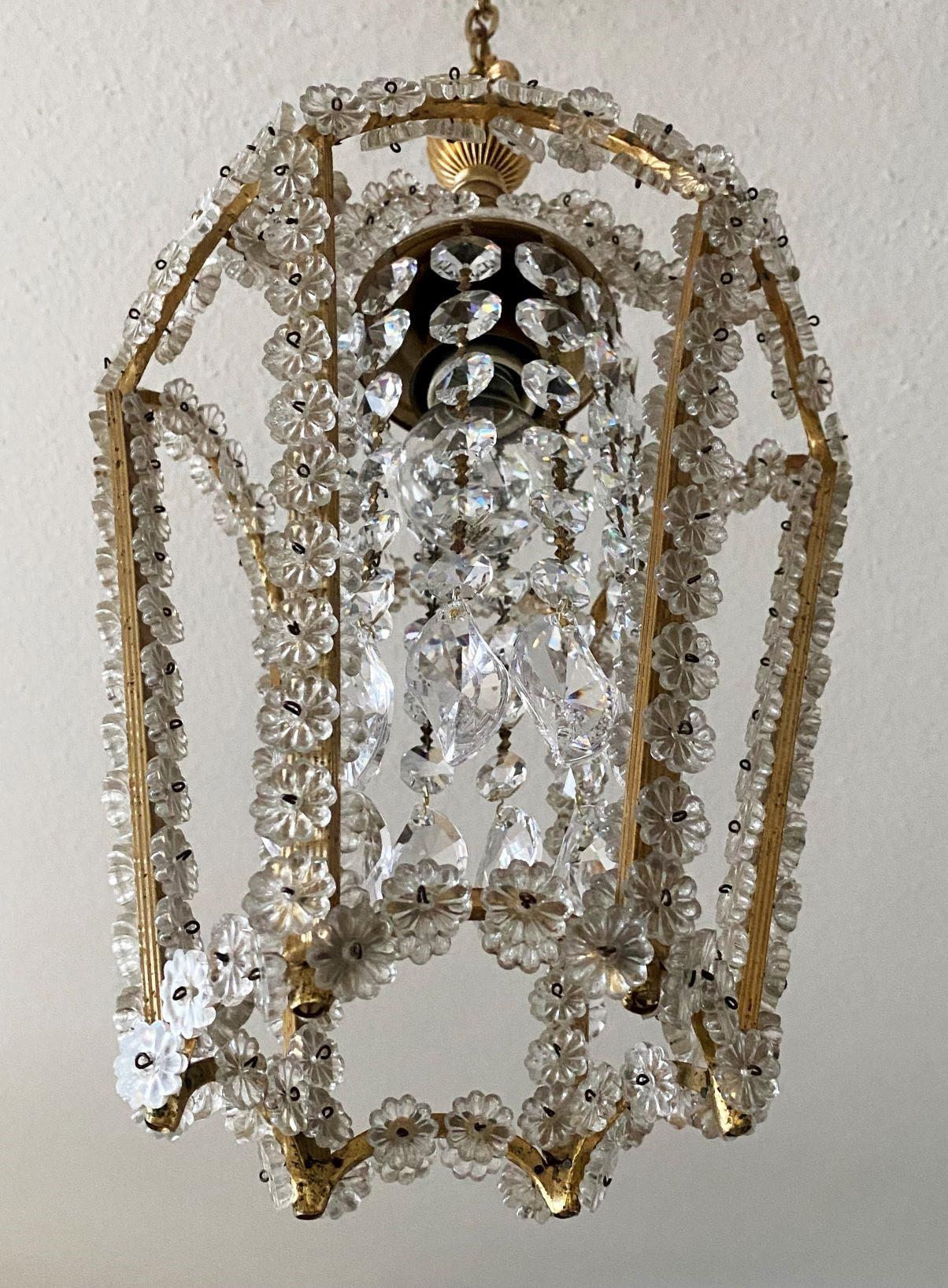 French Art Deco Crystal Brass Handcrafted Hexagonal Lantern, 1930s For Sale 7