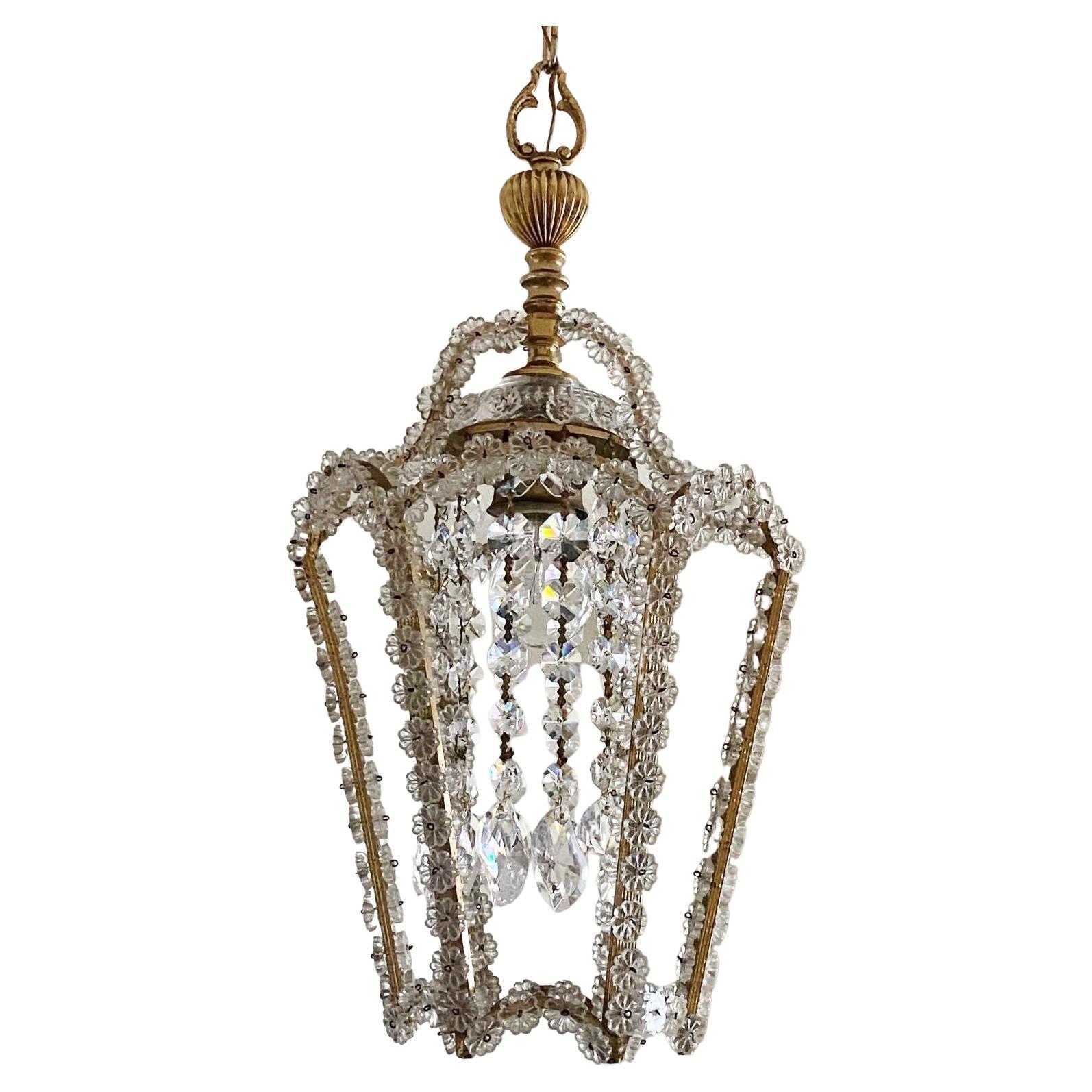 One of Kind French Art Deco Handcrafted Crystal Brass Hexagonal Lantern, 1930s