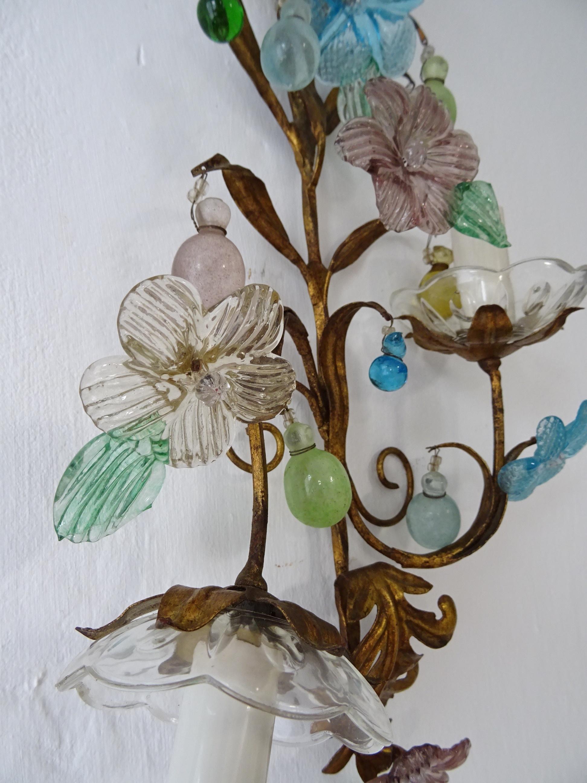 One of kind French Colourful Murano Glass Flowers & Drops Sconces, circa 1930 For Sale 7