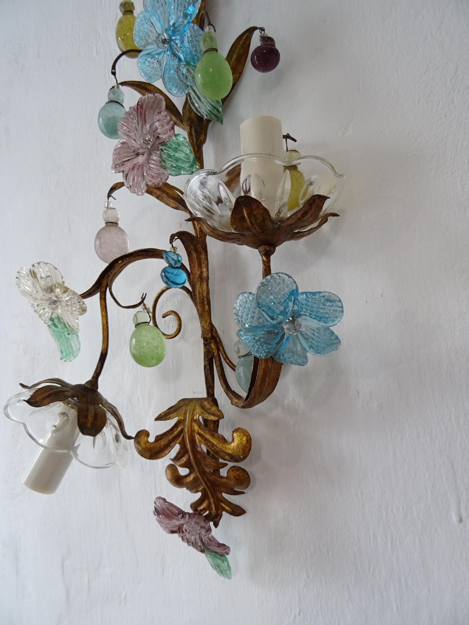 One of kind French Colourful Murano Glass Flowers & Drops Sconces, circa 1930 For Sale 8