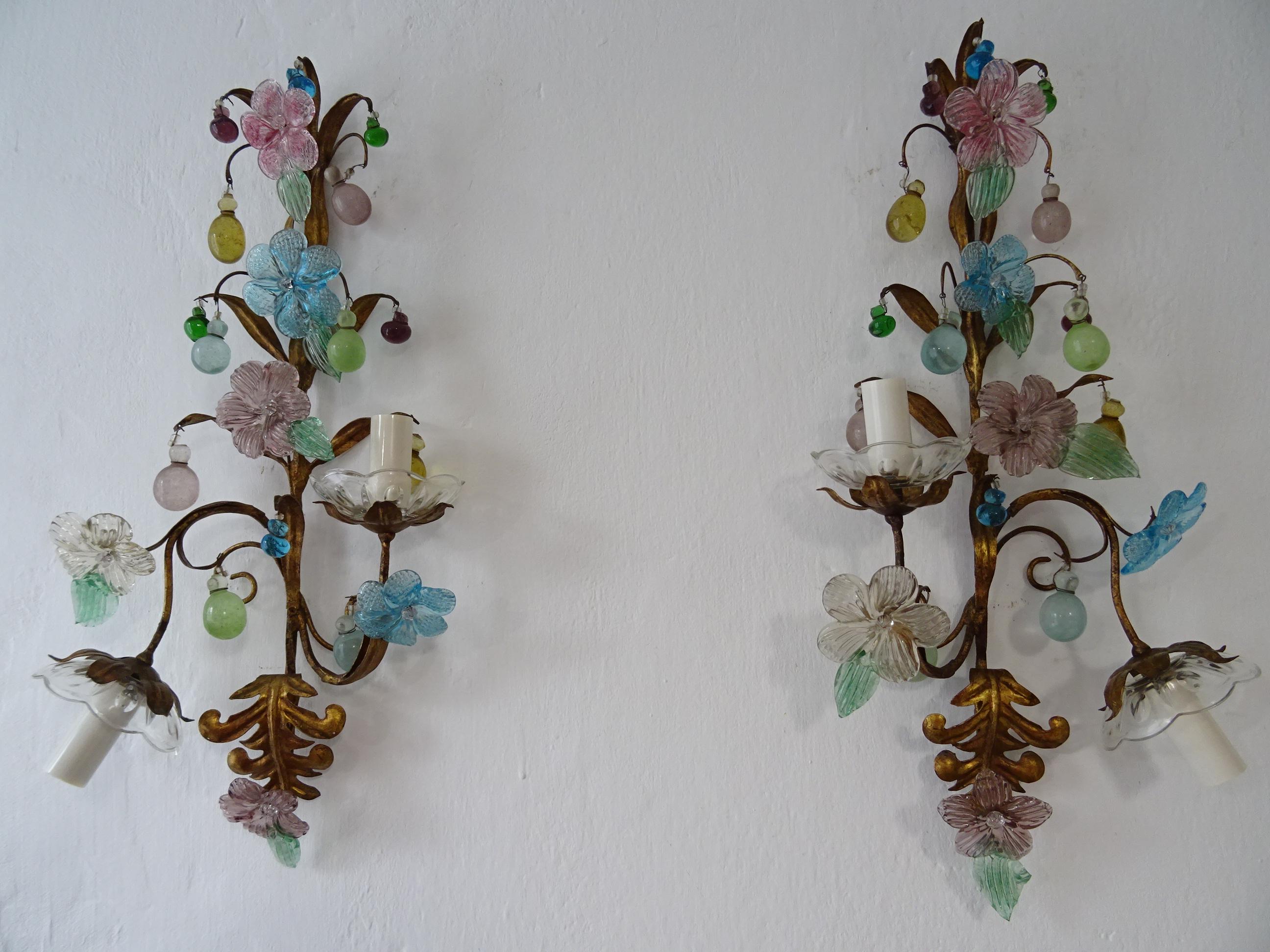 One of kind French Colourful Murano Glass Flowers & Drops Sconces, circa 1930 For Sale 9