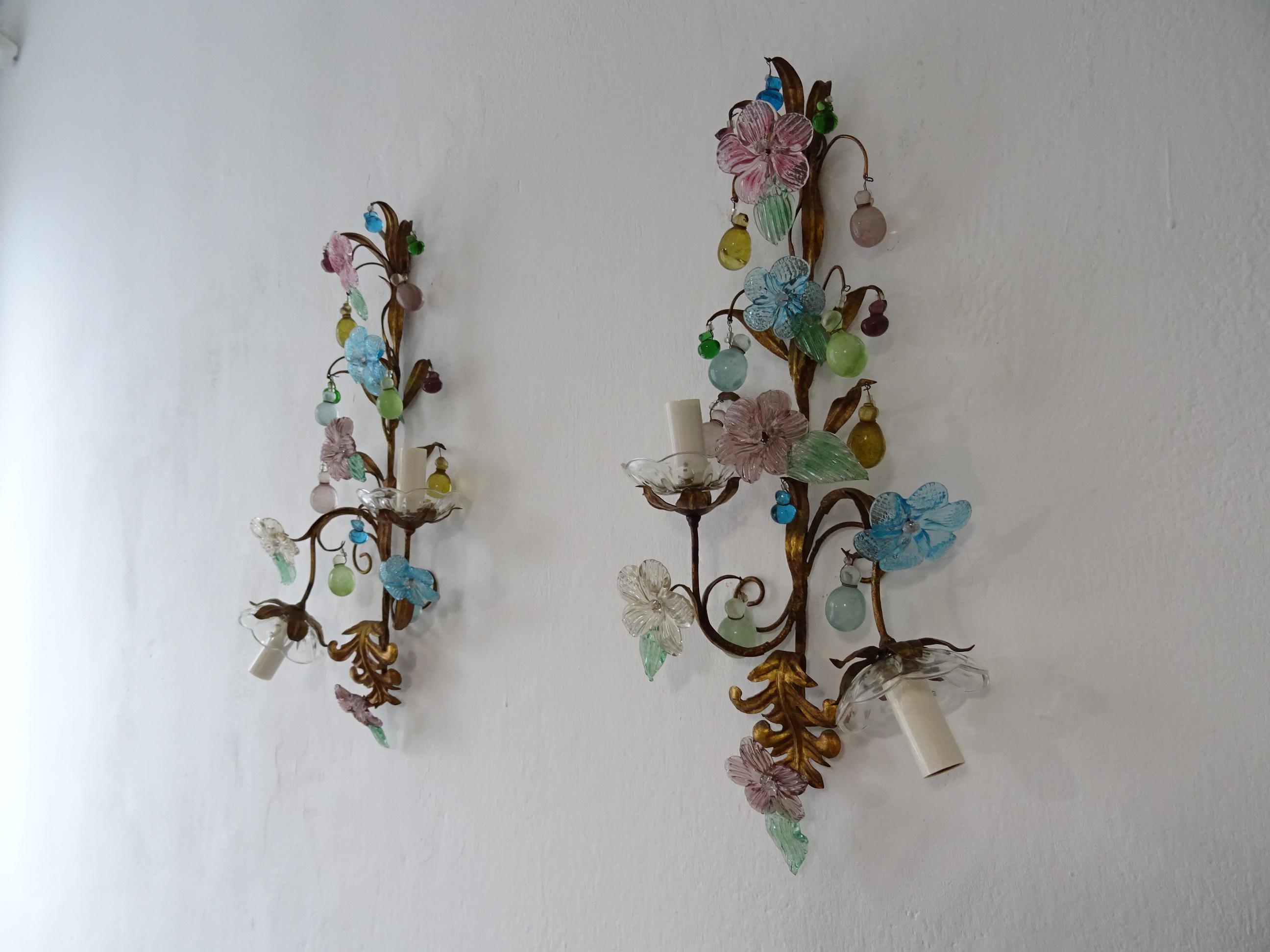 One of a kind!  Housing 2 lights each, one facing up, the other down. Will be newly wired with certified UL US sockets for the USA and appropriate sockets for all other countries. Gilt metal tole with Murano drops in all colours and sizes. Adorning