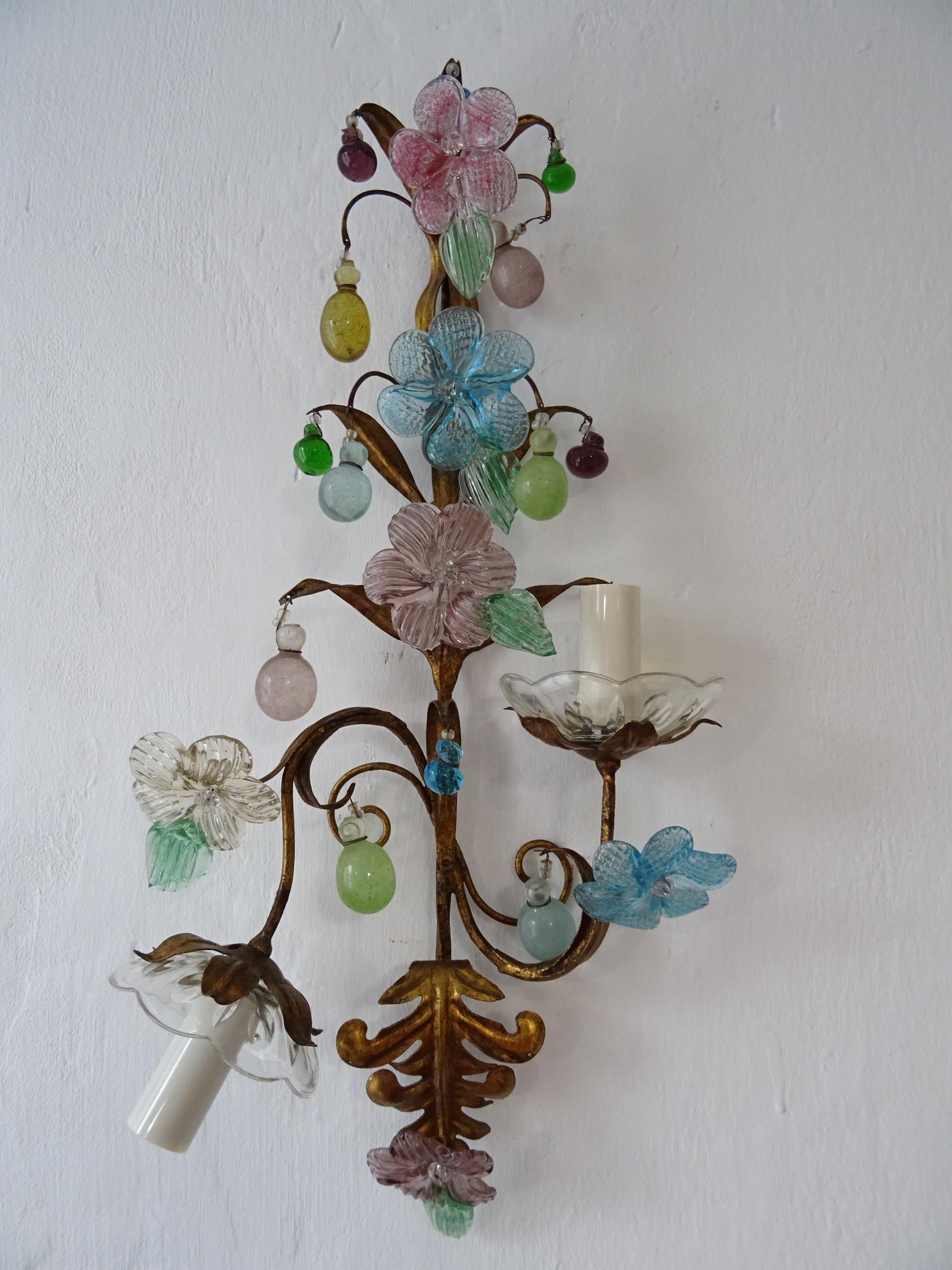 Mid-20th Century One of kind French Colourful Murano Glass Flowers & Drops Sconces, circa 1930 For Sale