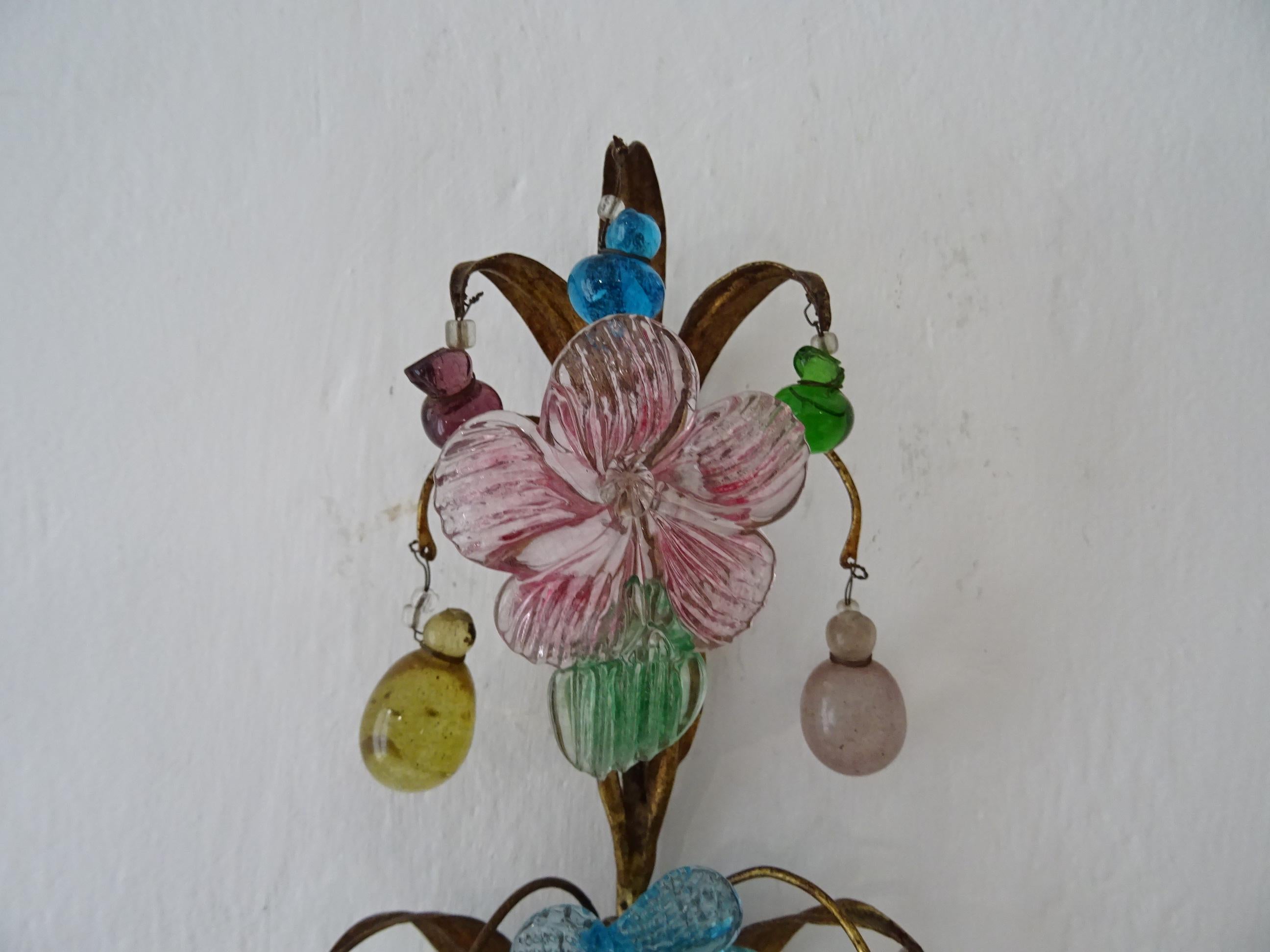 One of kind French Colourful Murano Glass Flowers & Drops Sconces, circa 1930 For Sale 2