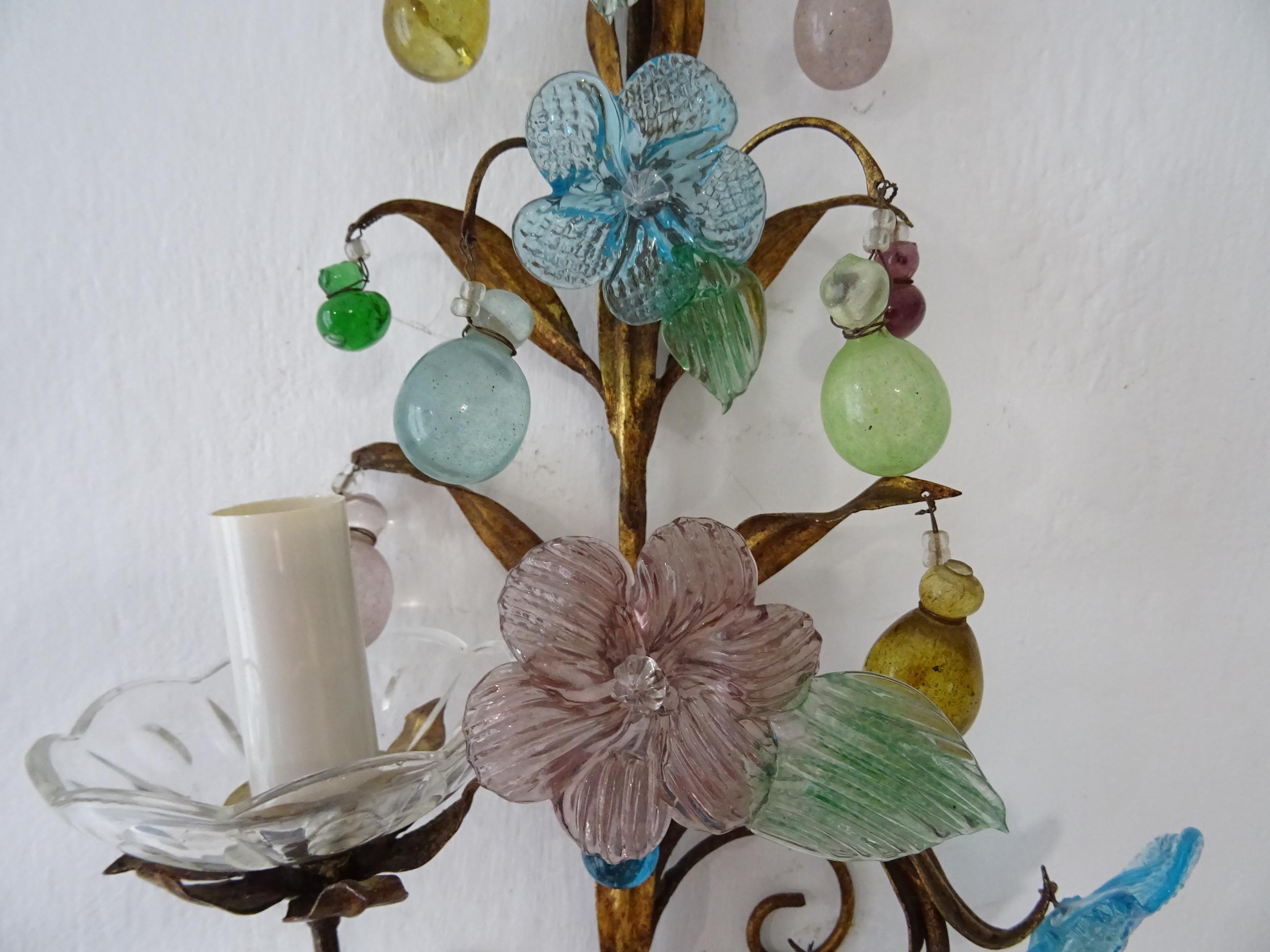 One of kind French Colourful Murano Glass Flowers & Drops Sconces, circa 1930 For Sale 3