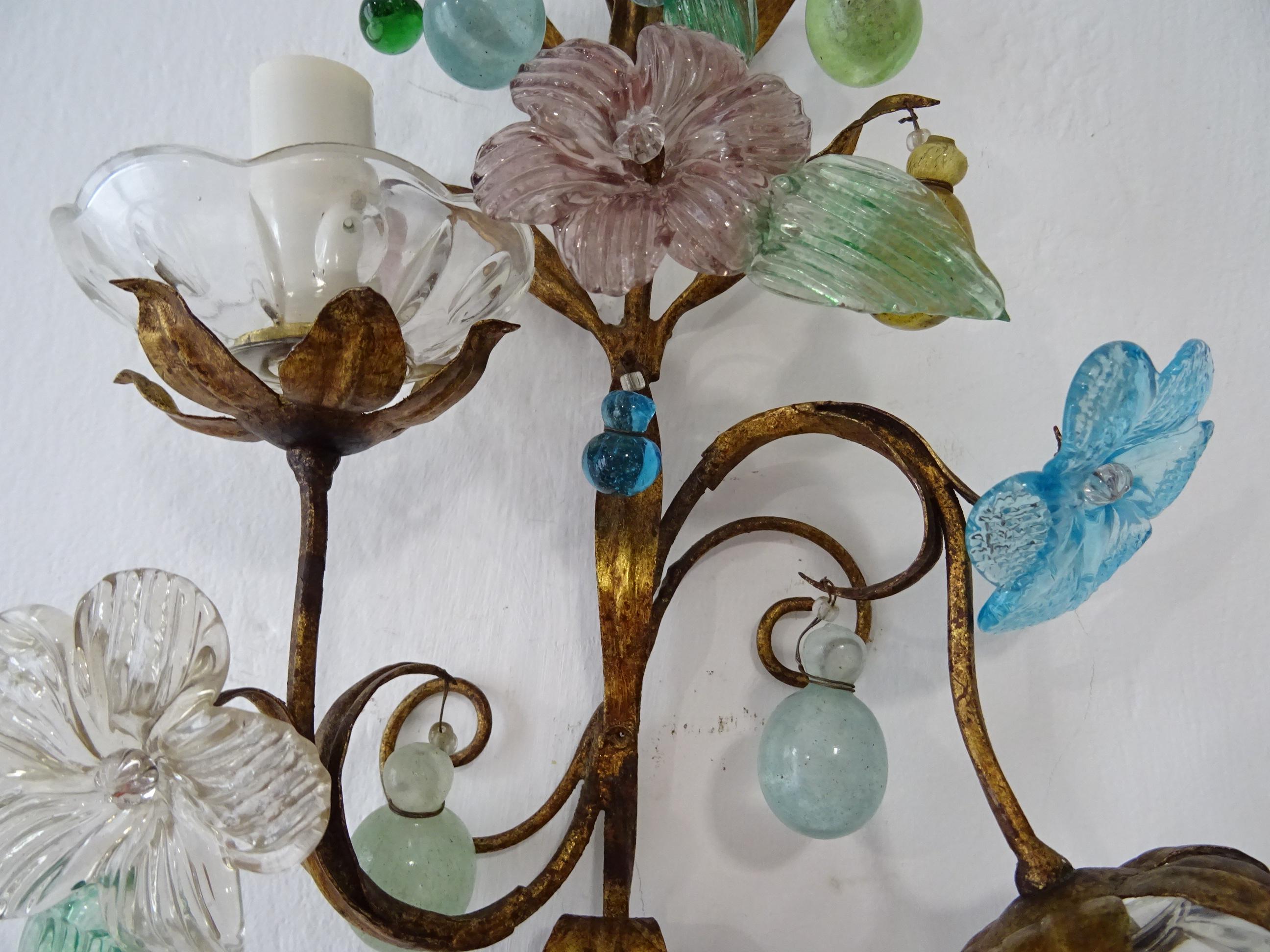  Einzigartige französische farbenfrohe Muranoglas-Blumen- und Tropfen-Wandleuchter, um 1930 im Angebot 3