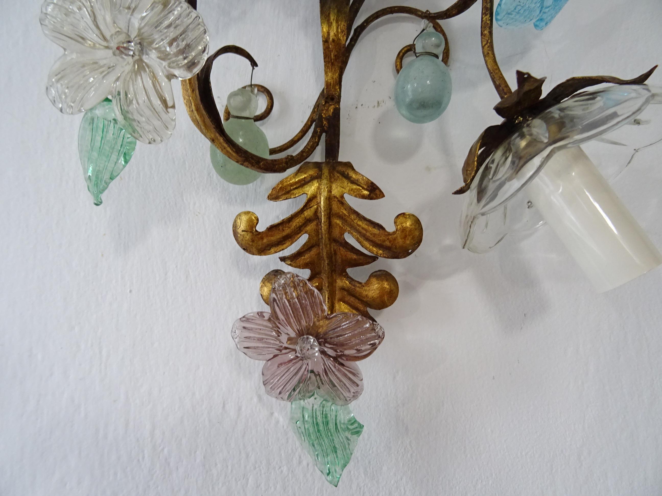 One of kind French Colourful Murano Glass Flowers & Drops Sconces, circa 1930 For Sale 5