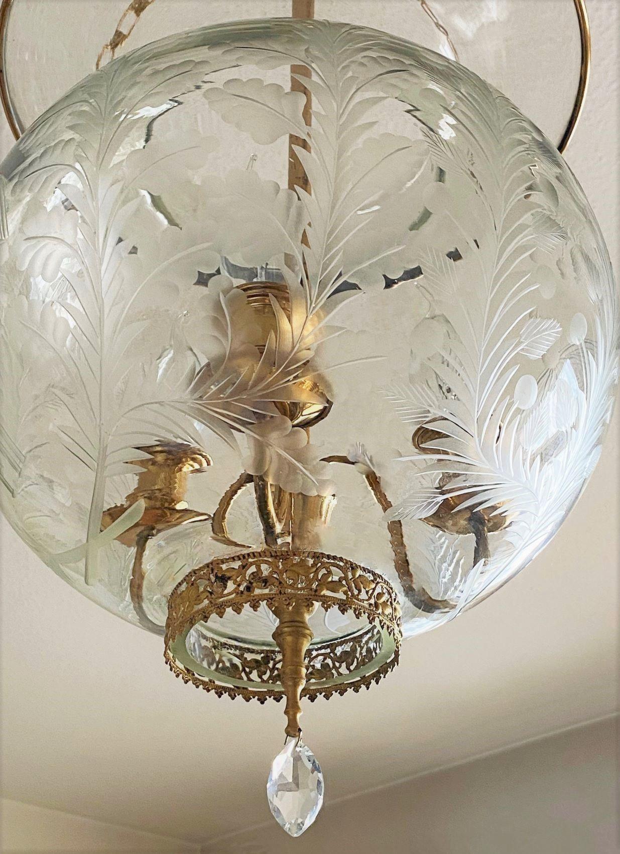French Art Deco Cut Glass Brass Three-Light Chaptel Lantern 1910s For Sale 10