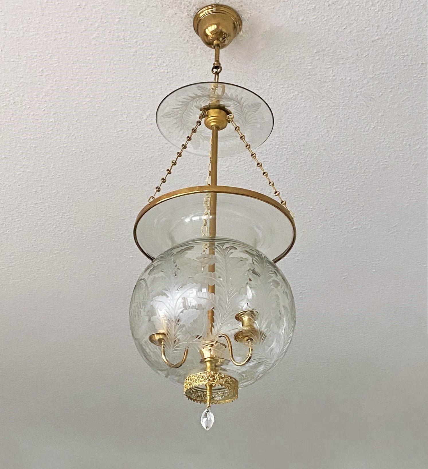 20th Century French Art Deco Cut Glass Brass Three-Light Chaptel Lantern 1910s For Sale