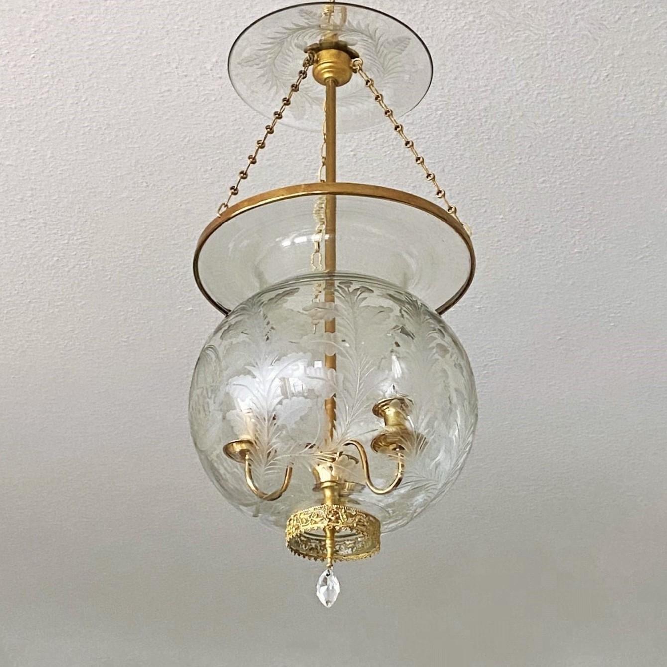 French Art Deco Cut Glass Brass Three-Light Chaptel Lantern 1910s For Sale 1