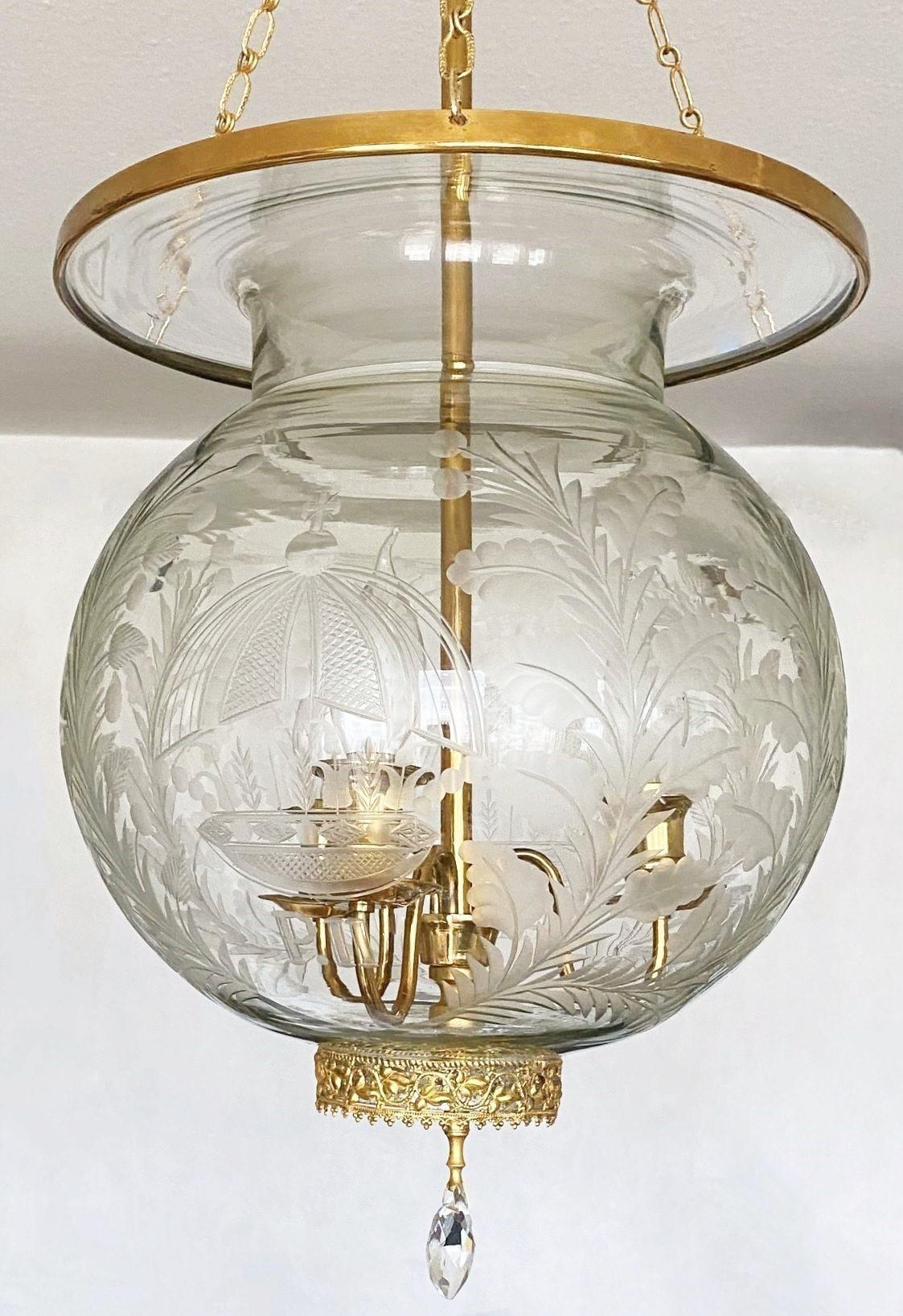 French Art Deco Cut Glass Brass Three-Light Chaptel Lantern 1910s For Sale 2