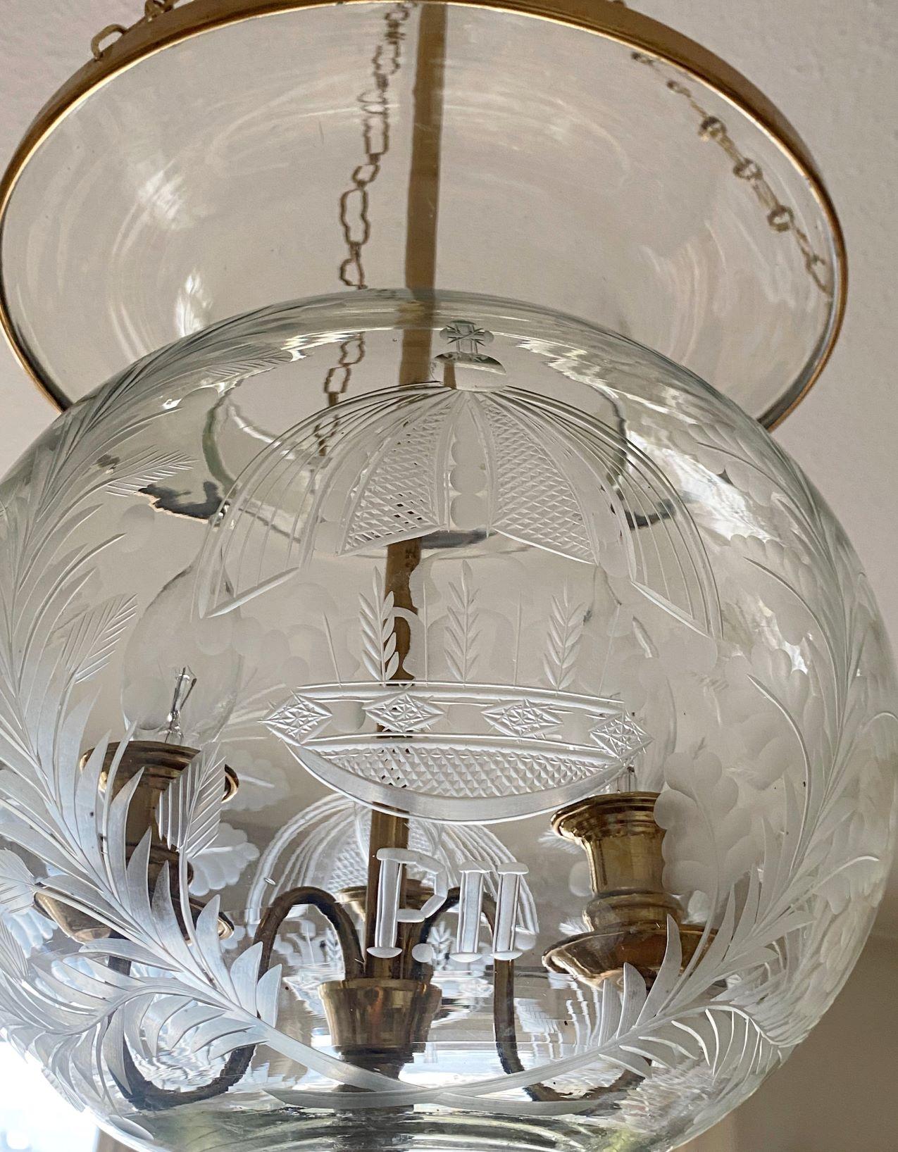 French Art Deco Cut Glass Brass Three-Light Chaptel Lantern 1910s For Sale 3