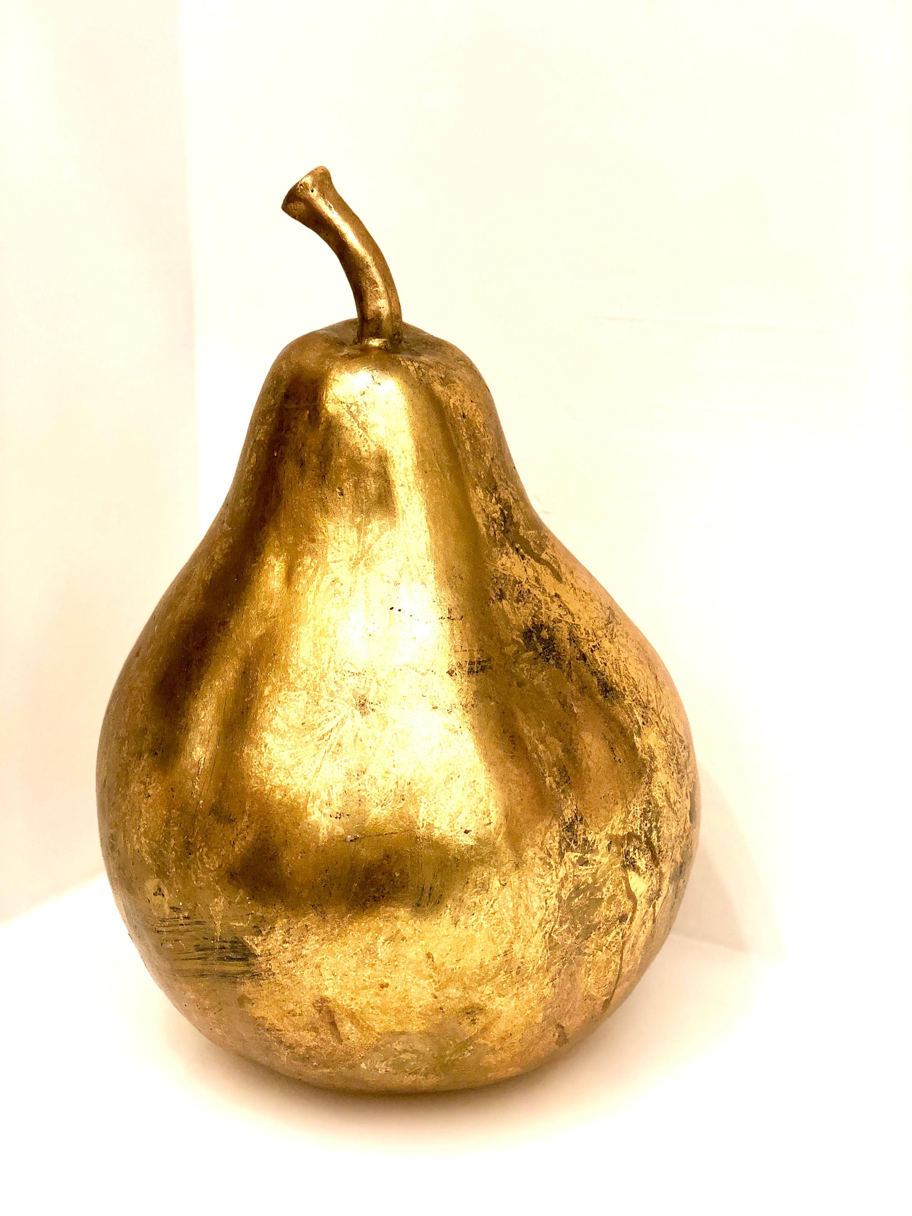 Unique large gold leaf decorative pear, circa 1980s, we think its fiberglass in a gold leaf finish.