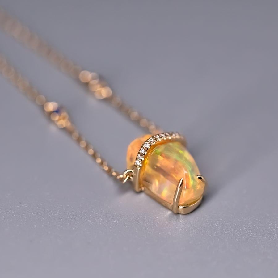Brilliant Cut One-of-Kind Mexican Fire Opal & Diamond Sapphire Necklace 18K Yellow Gold For Sale