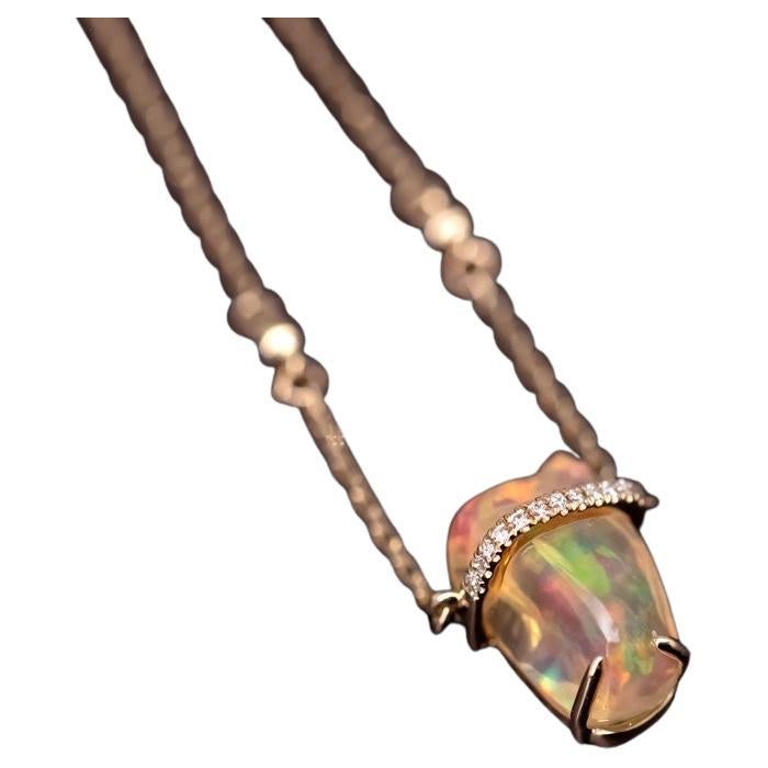 Einzigartige mexikanische Feueropal- und Diamant-Saphir-Halskette aus 18 Karat Gelbgold