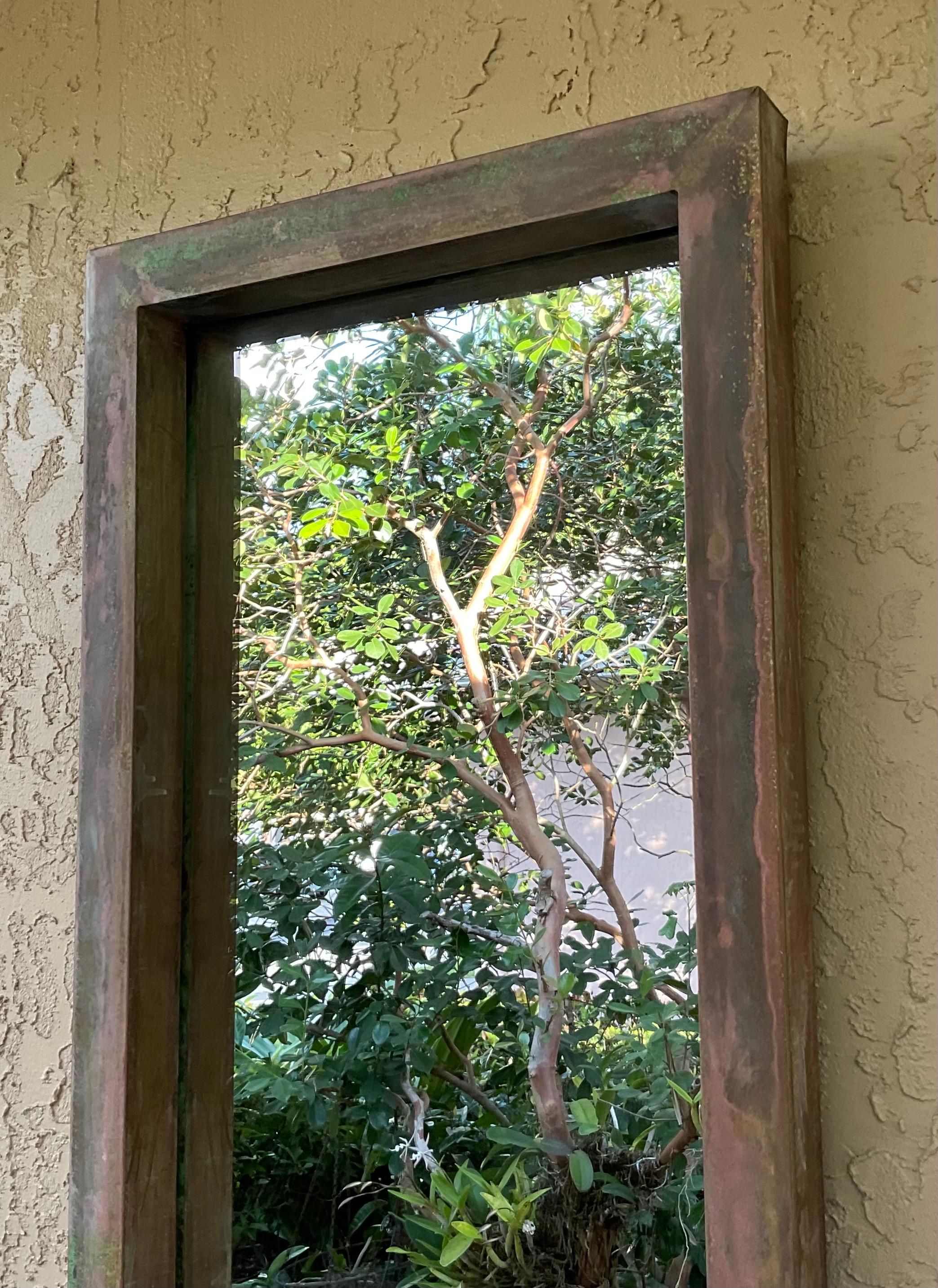 One of Kind Narrow Architectural Rectangular Brass Mirror In Good Condition For Sale In Delray Beach, FL