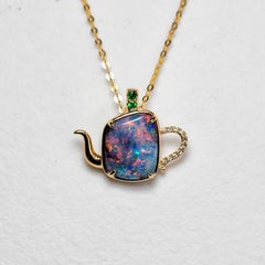 One of Kind Teapot Boulder Opal & Diamond, Tsavorite Necklace 18K Yellow Gold