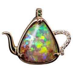 One of Kind Teapot Boulder Opal & Diamond, Tsavorite Necklace 18K Yellow Gold