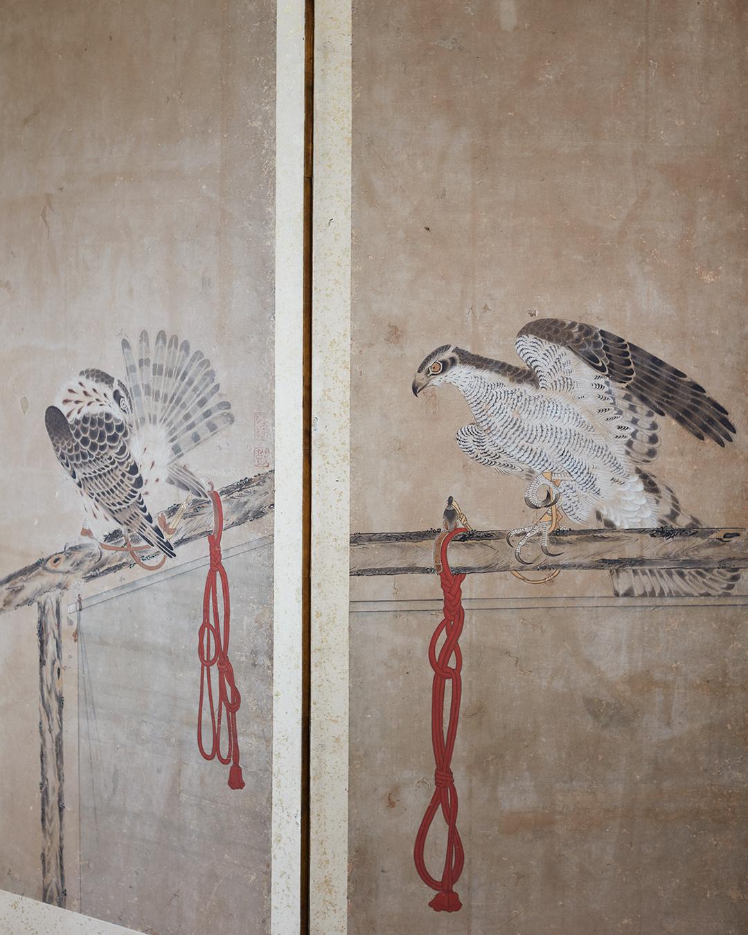 Silk One of Pair of 19th Century Six Panel Paper Screens, in manner of Soga Chokuan
