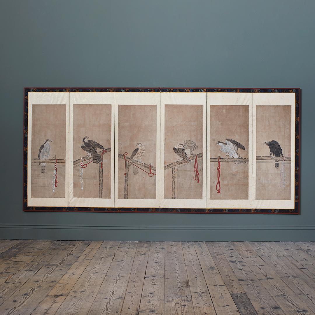 One of Pair of 19th Century Six Panel Paper Screens, in manner of Soga Chokuan 1