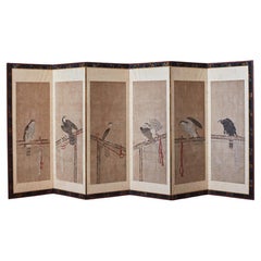 One of Pair of 19th Century Six Panel Paper Screens, in manner of Soga Chokuan