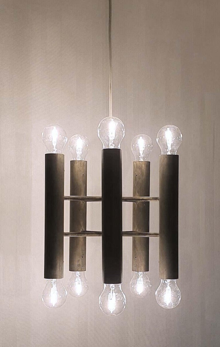 One of Sculpturall Vintage Brass Tube Ceiling Light Pendant Chandelier