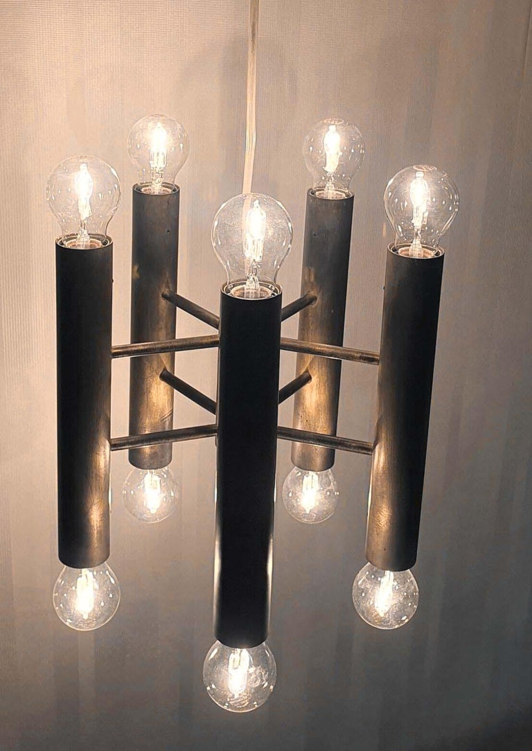 One of Sculpturall Vintage Brass Tube Ceiling Light Pendant Chandelier