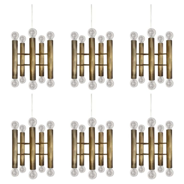 One of Sculpturall Vintage Brass Tube Ceiling Light Pendant Chandelier