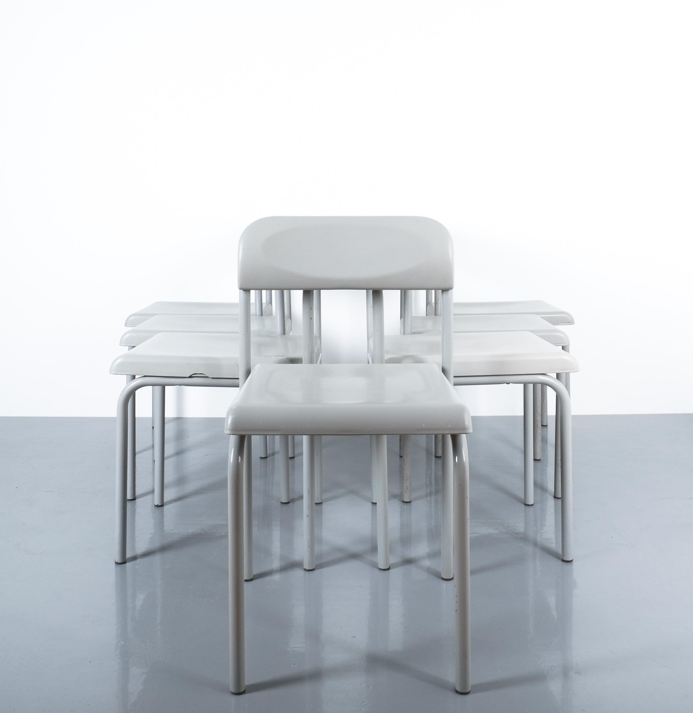 One of Seven Ettore Sottsass Greek Chairs Grey Bieffeplast, Italy, 1980.

Sold and priced per piece.

Very rare light grey chairs made from lacquered tubular steel and plastic seat and backrest. They are labeled Bieffeplast. 4 pieces are in good