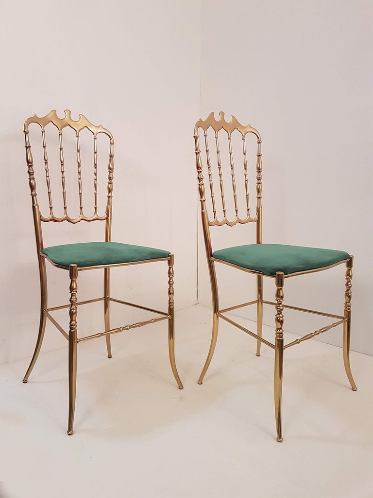 One of Six Italian Brass Chairs by Chiavari, Upholstery Emerald Green Velvet For Sale 2