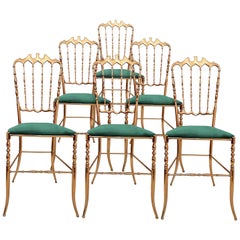 One of Six Italian Brass Chairs by Chiavari, Upholstery Emerald Green Velvet