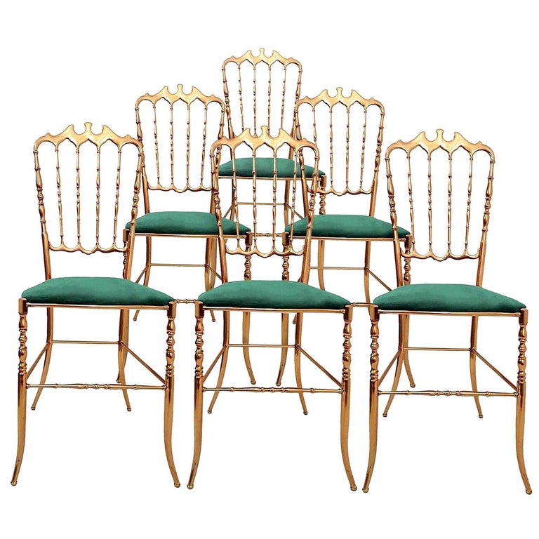 One of Six Italian Brass Chairs by Chiavari, Upholstery Emerald Green Velvet For Sale
