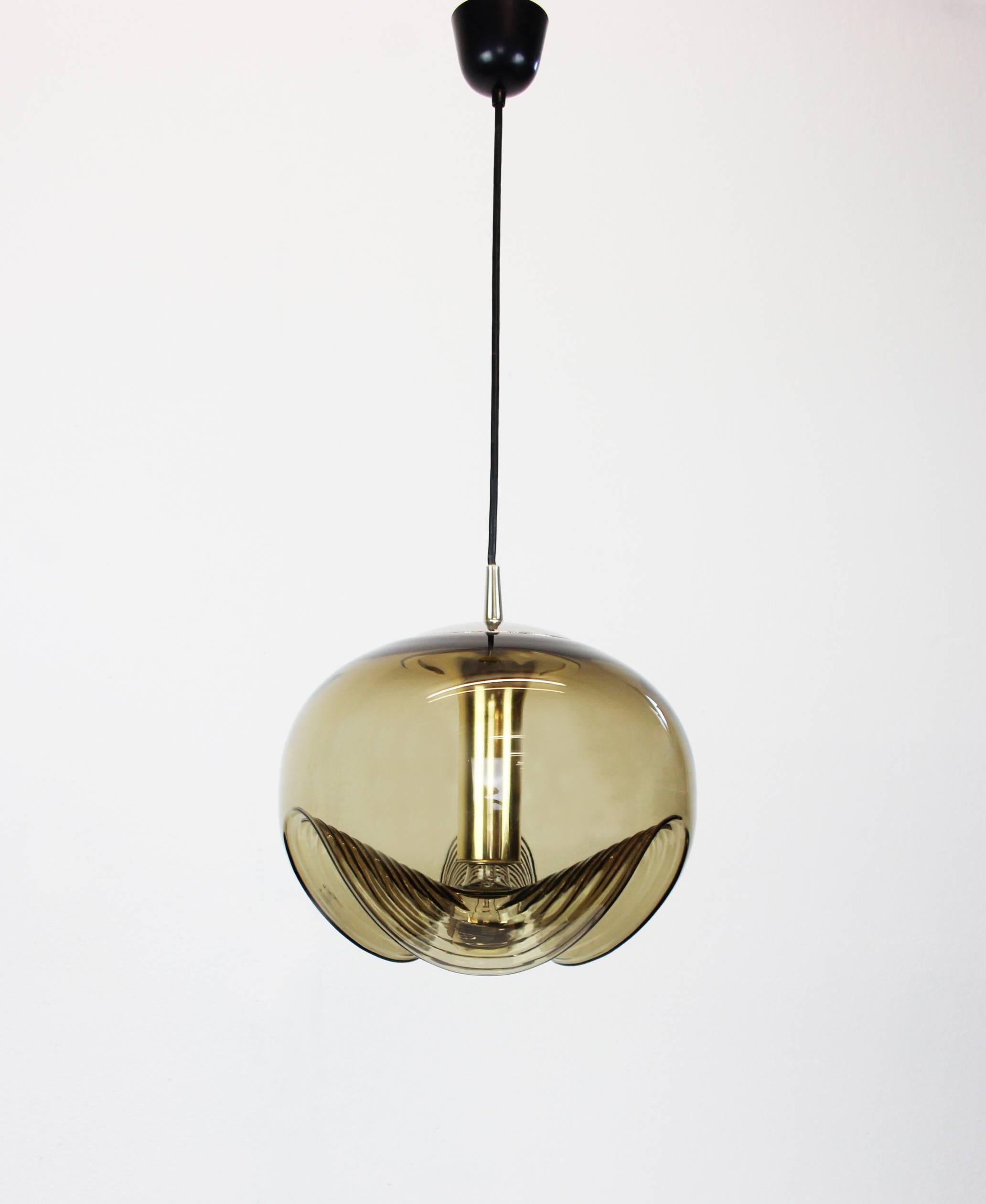 Blown Glass One of Six Large Smoked Glass Pendant Light by Peill & Putzler, Germany, 1970s For Sale