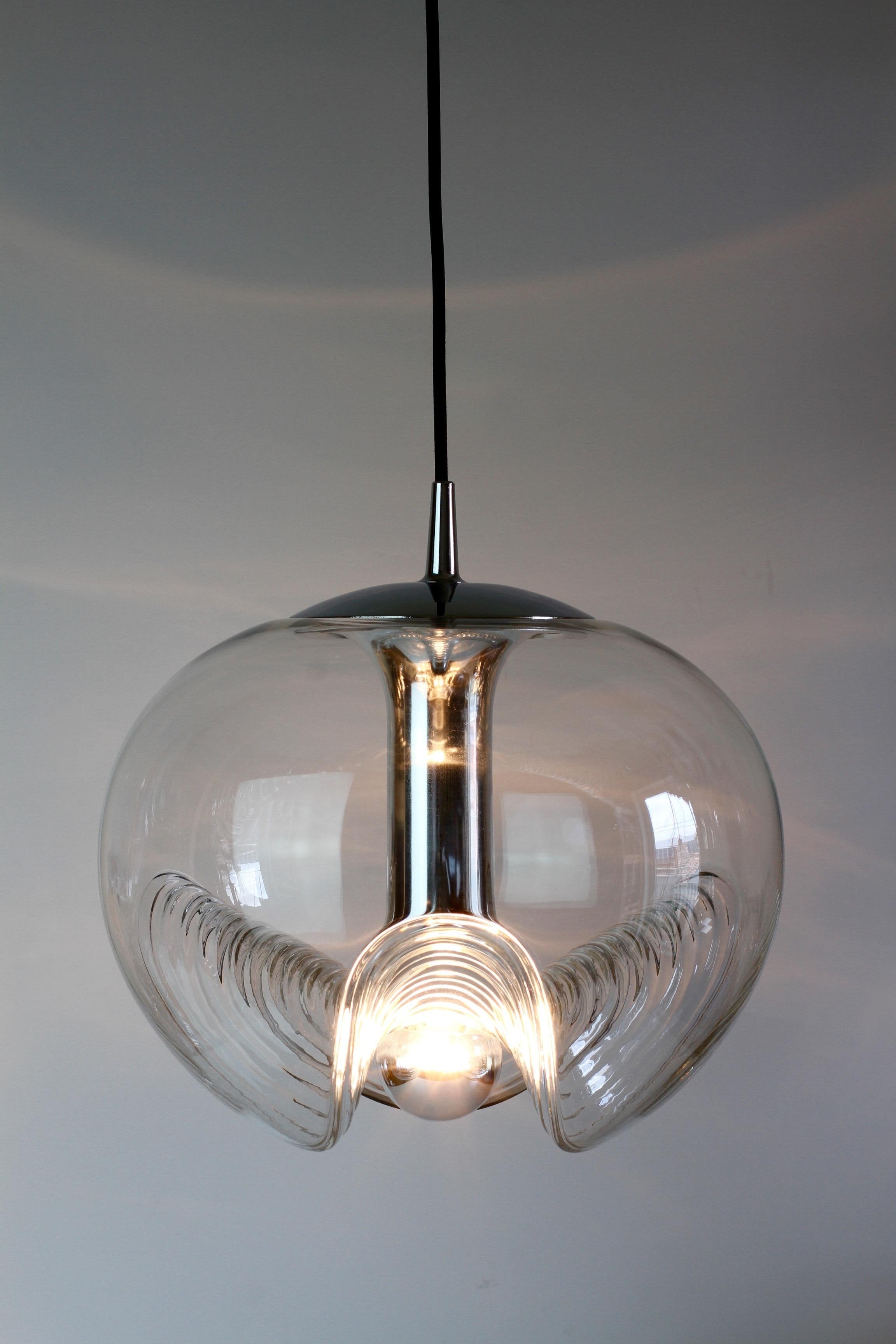 Mid-Century Modern One of Ten Peill & Putzler Large Biomorphic Clear Glass & Chrome Pendant Lights For Sale