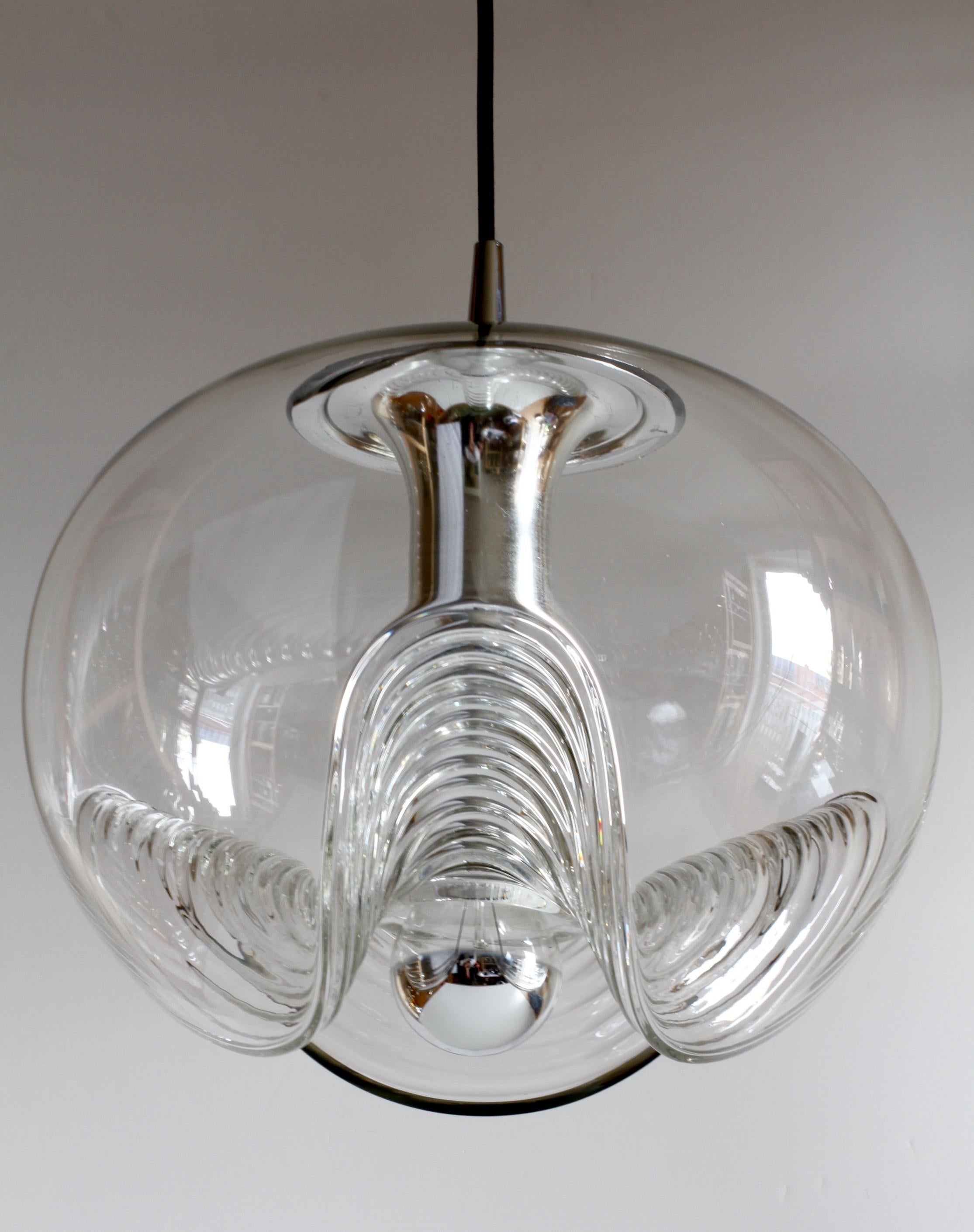 Plated One of Ten Peill & Putzler Large Biomorphic Clear Glass & Chrome Pendant Lights For Sale