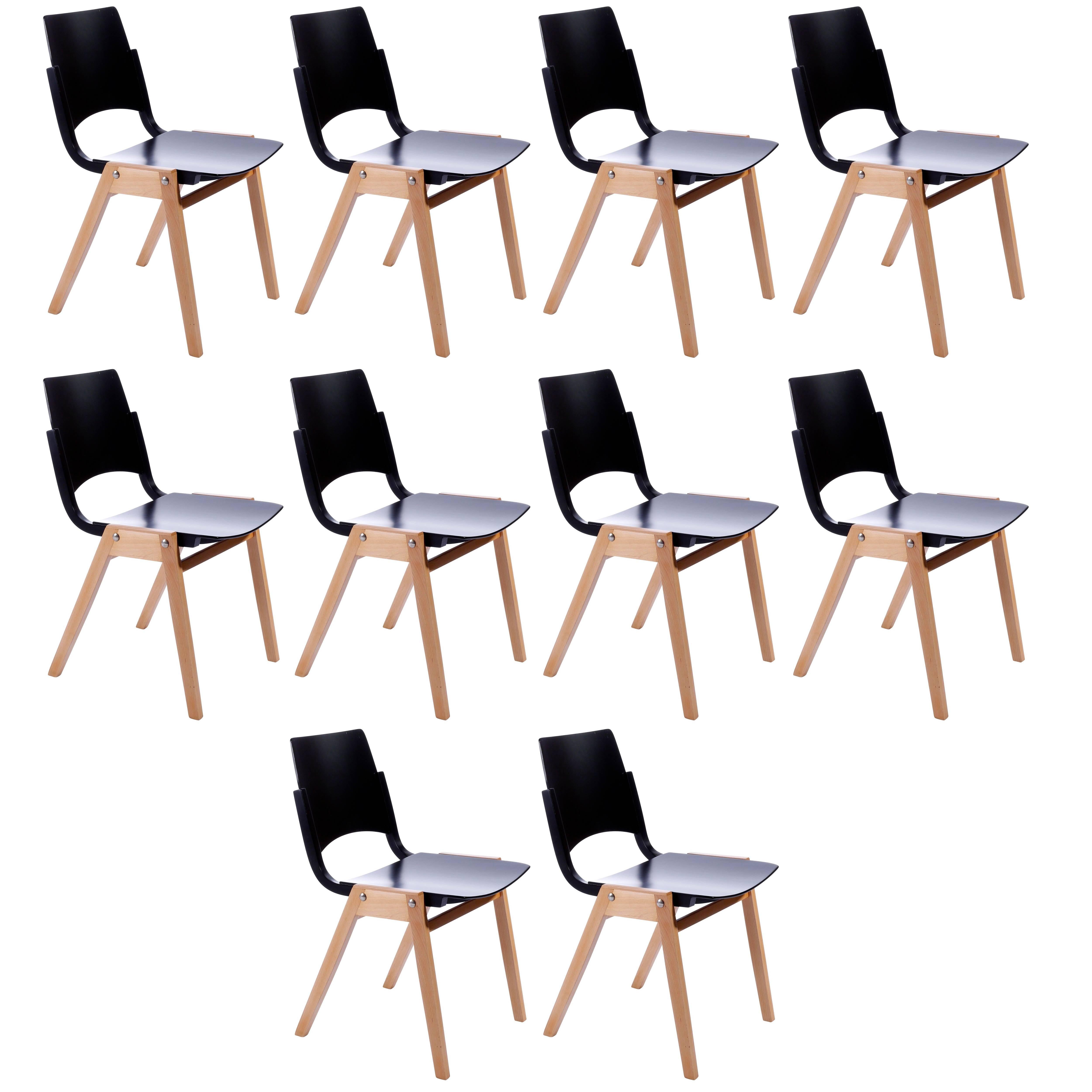 One of Ten Roland Rainer Stacking Chairs P7, Bicolored Beech Black Austria, 1952