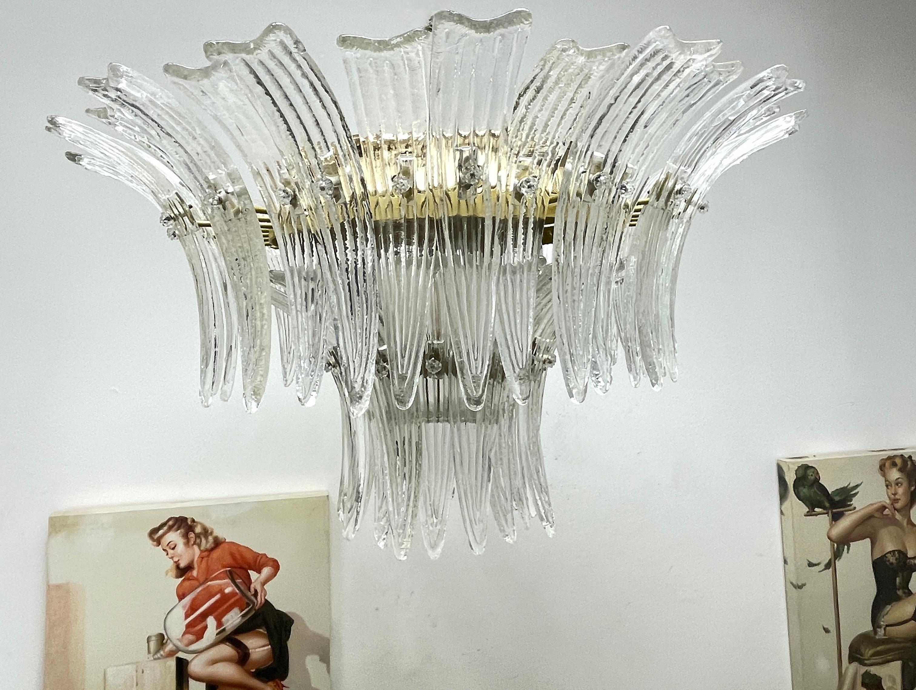Brass Venetian Murano Glass Palmette Chandelier Flush Mount by Barovier Toso, Italy For Sale