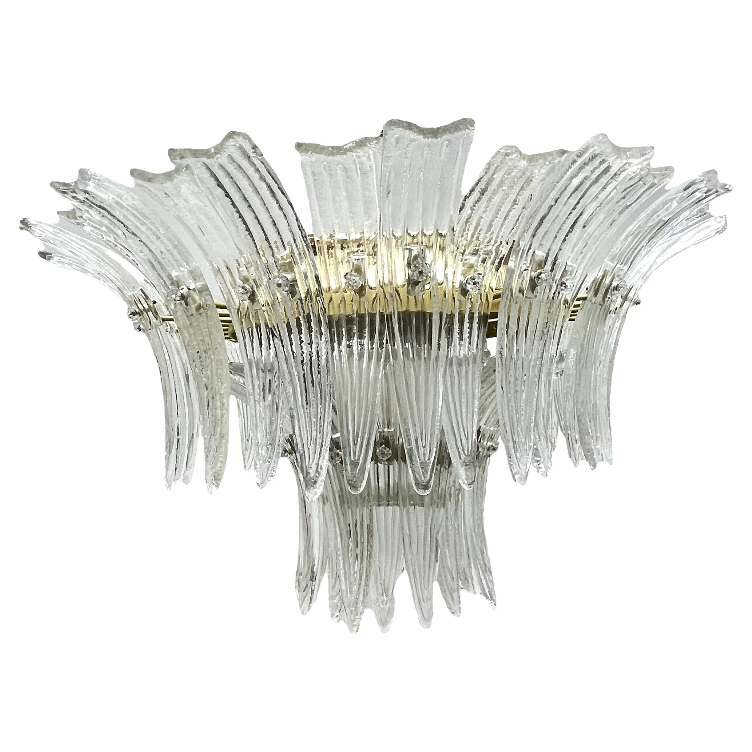 Very elegant, vintage estate, midcentury Venetian Murano art glass chandelier features 2 round tiers of overlapping, large, curved, hand-blown clear palm leaves frosted in the 